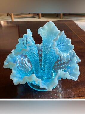 Fenton Blue Opalescent Epergne Mini 3 horn